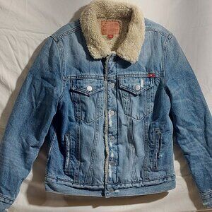 Lucky Brand Sherpa trucker jacket fur lined distressed denim jacket.